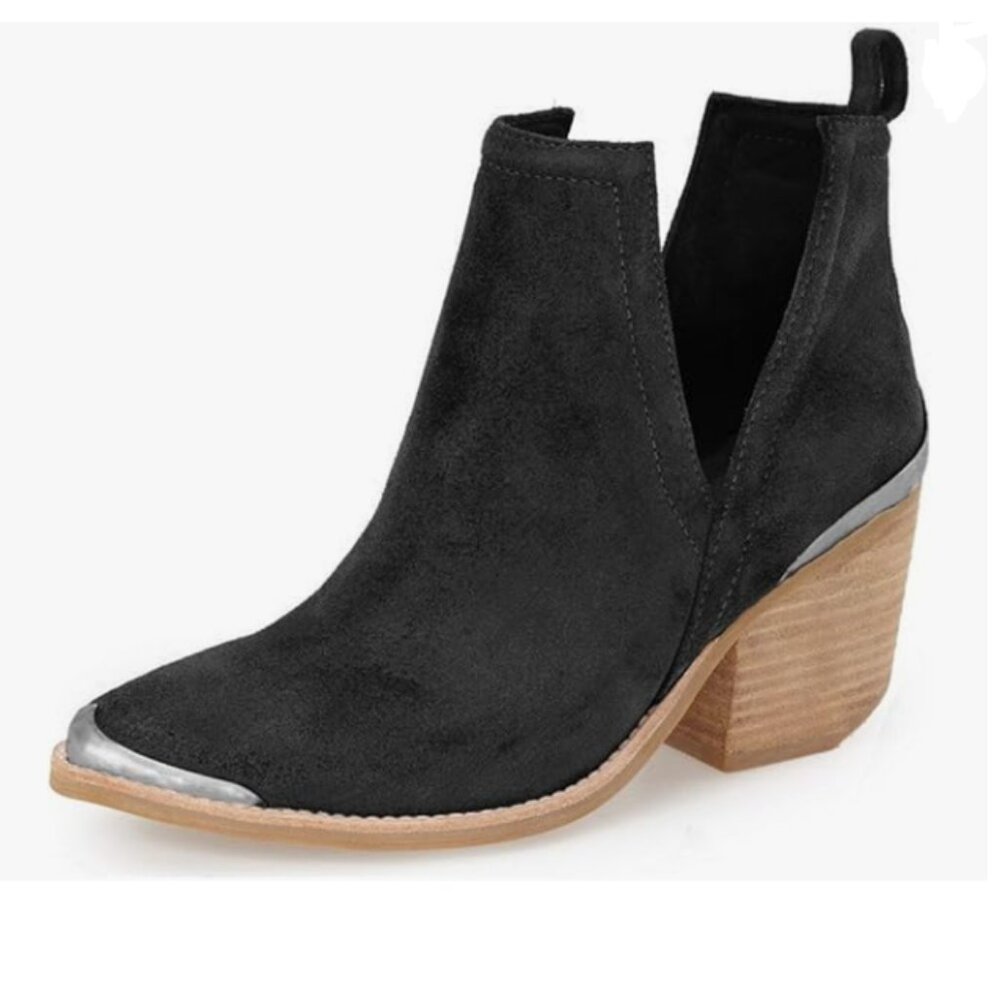 YDN Black Low Heeled Ankle Boots Faux Suede Cowboy Booties Cutout with Metal Toe
